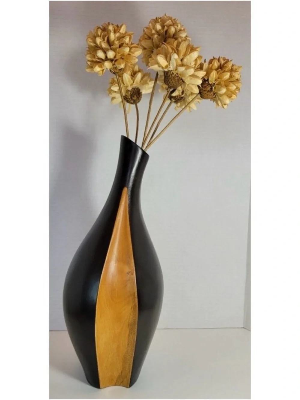 Solid Wood Two Tone Decorative Vase — Modern Wood Accent with swirl.
